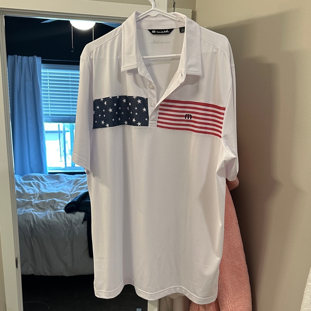 Travis Mathew White Polo with American Flag Design